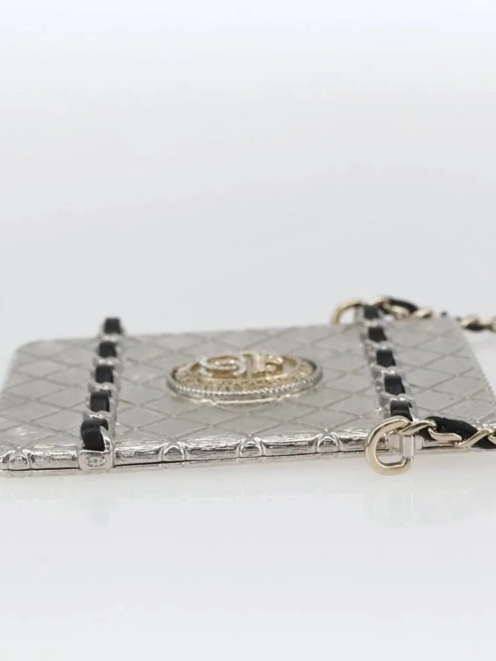 CHANEL Chain Neck Card Case metal Silver tone CC Auth 164711SM